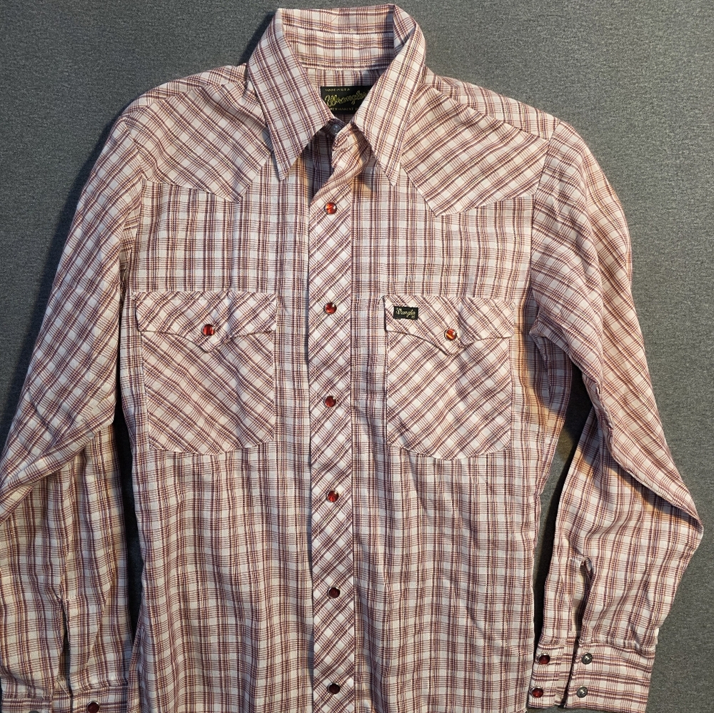 Vintage Kids 16 Wrangler Red and White Plaid Snap Front Western Shirt. Rodeo
